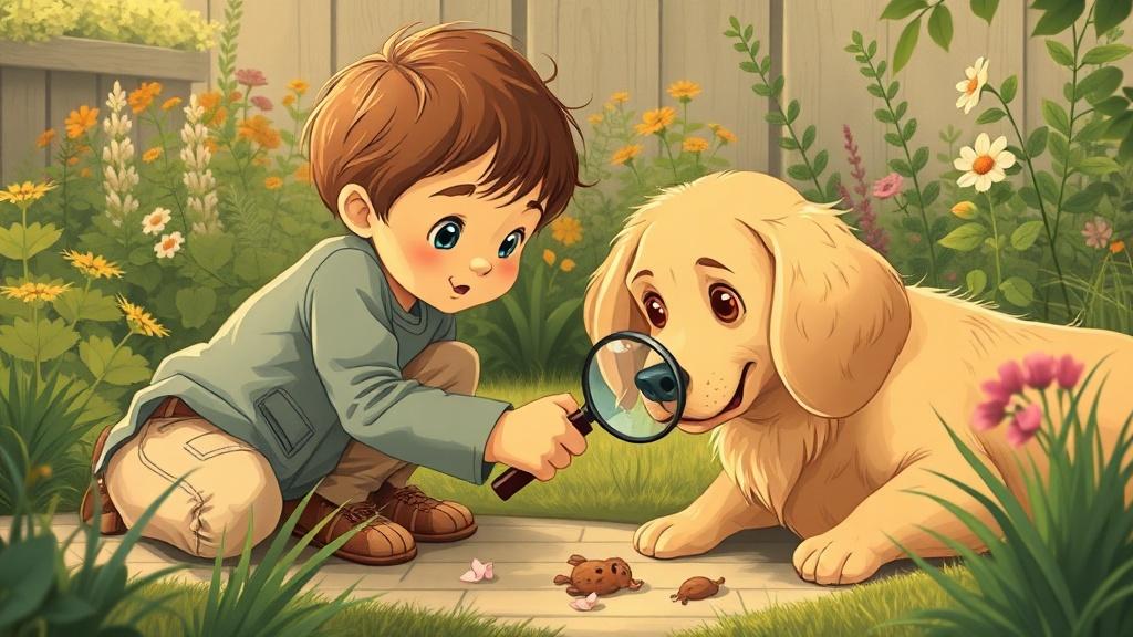 A 5-year-old child and their golden retriever solving a mystery together with a magnifying glass in a garden