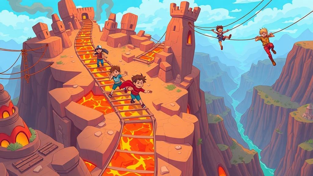 A group of 8-year-old children competing in an epic obstacle course race through a fantasy kingdom