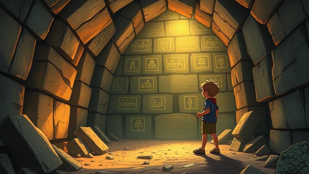 An 8-year-old child as a young archaeologist discovering a hidden chamber inside an ancient pyramid