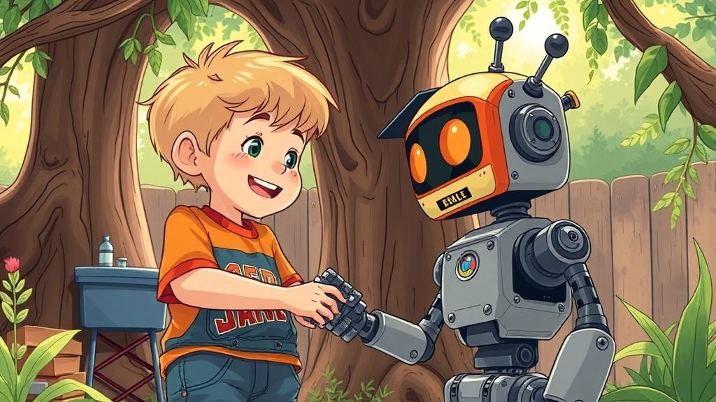 An 8-year-old child befriending a robot they built in their backyard treehouse laboratory