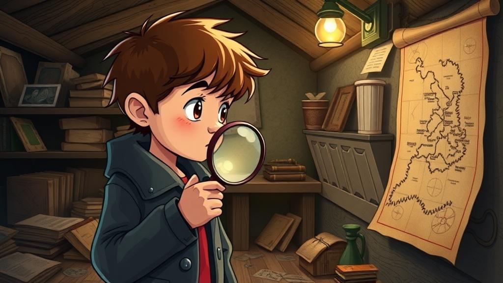 A 9-year-old child as a young detective examining clues in a mysterious attic with magnifying glass