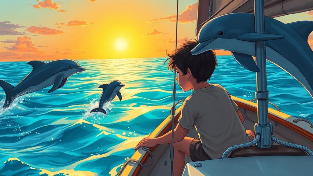 A 9-year-old child communicating with dolphins while sailing a small boat across a sparkling ocean