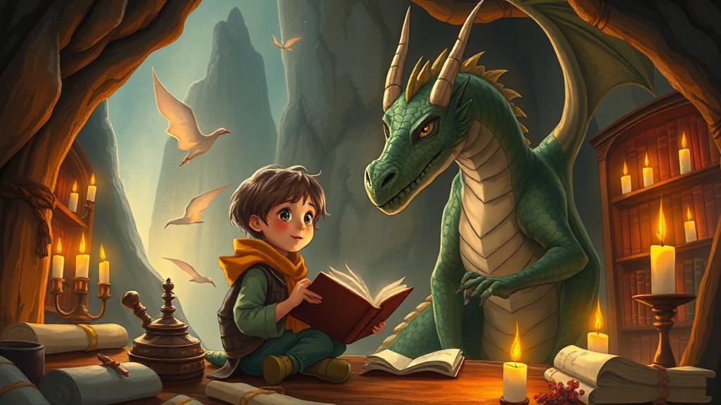 A 10-year-old child befriending a wise old dragon in a hidden mountain library