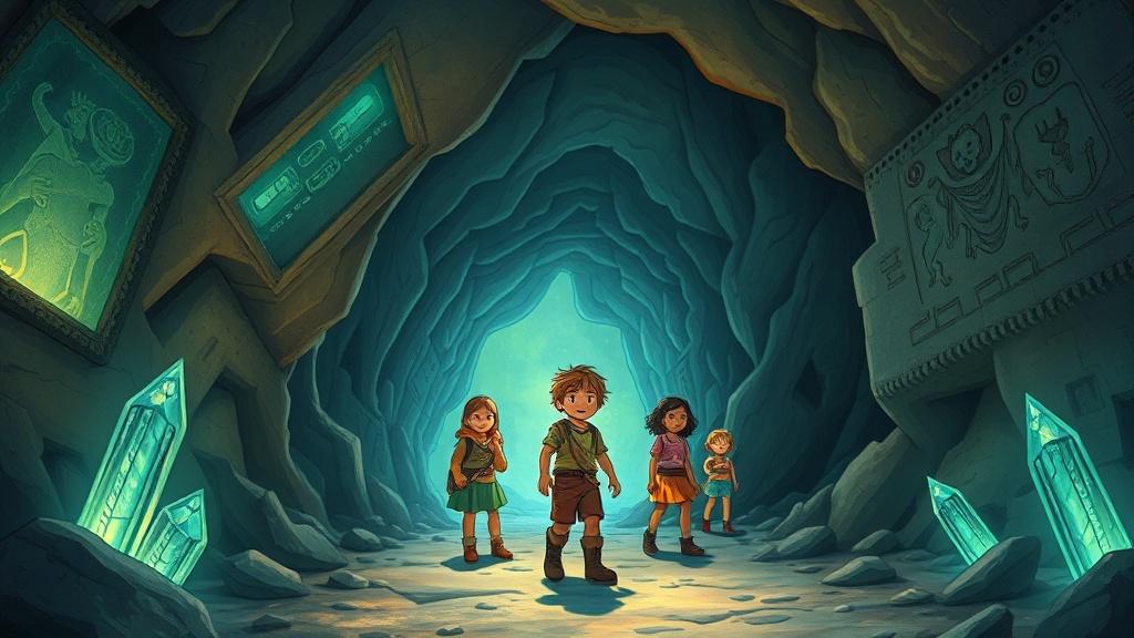 A 10-year-old child leading a team of friends through a mysterious underground cave system lit by bioluminescent crystals