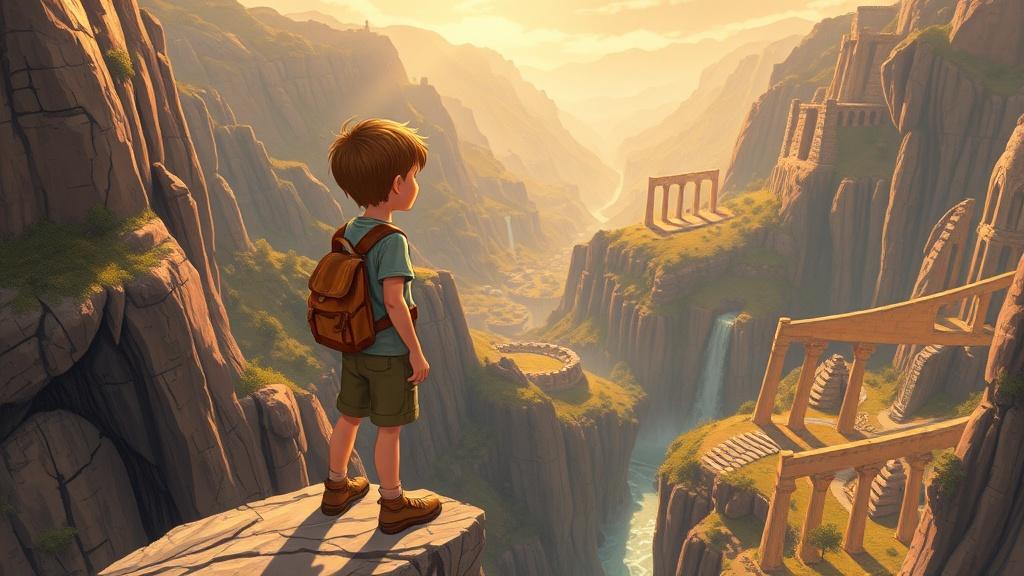 A determined 10-year-old child standing at a cliff edge overlooking a vast hidden valley with ancient ruins and waterfalls