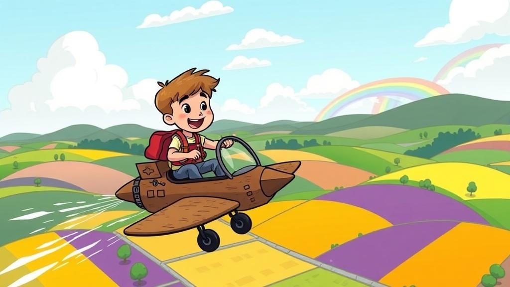 A 10-year-old child piloting a homemade flying machine over a colorful patchwork countryside