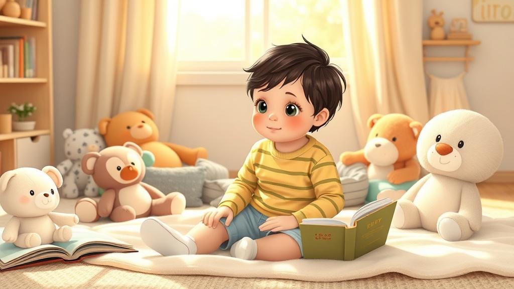 A 2 year old toddler sitting on a soft blanket surrounded by chunky board books and plush stuffed animals in a sunny nursery