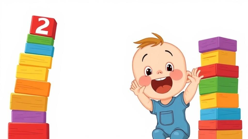 A 2 year old toddler stacking colorful wooden blocks into a tall tower with a surprised happy face