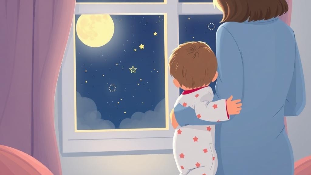 A 2 year old toddler in pajamas being carried by mommy past a window showing the moon and stars