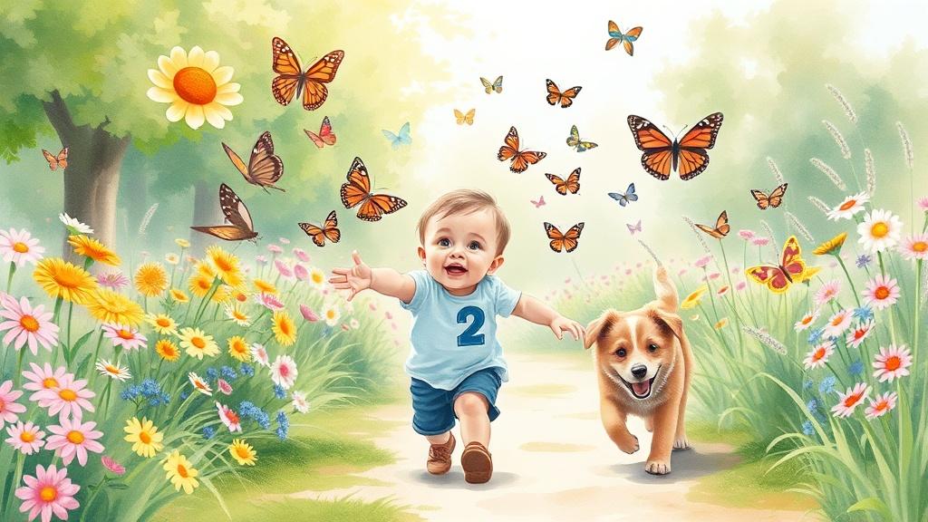 A 2 year old toddler chasing colorful butterflies in a sunny garden with a friendly puppy