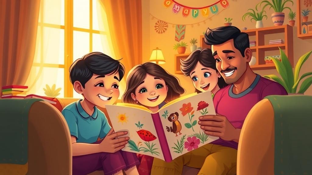 A warm Hispanic family gathered in a colorful living room reading a beautifully illustrated Spanish picture book together
