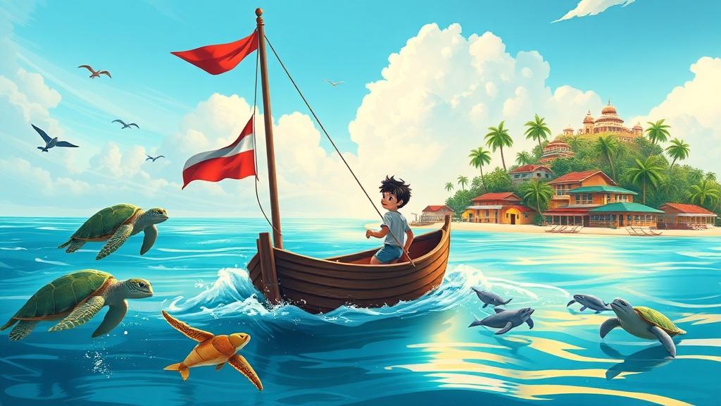 A brave boy sailing a small wooden boat through the Caribbean Sea with friendly sea turtles and dolphins