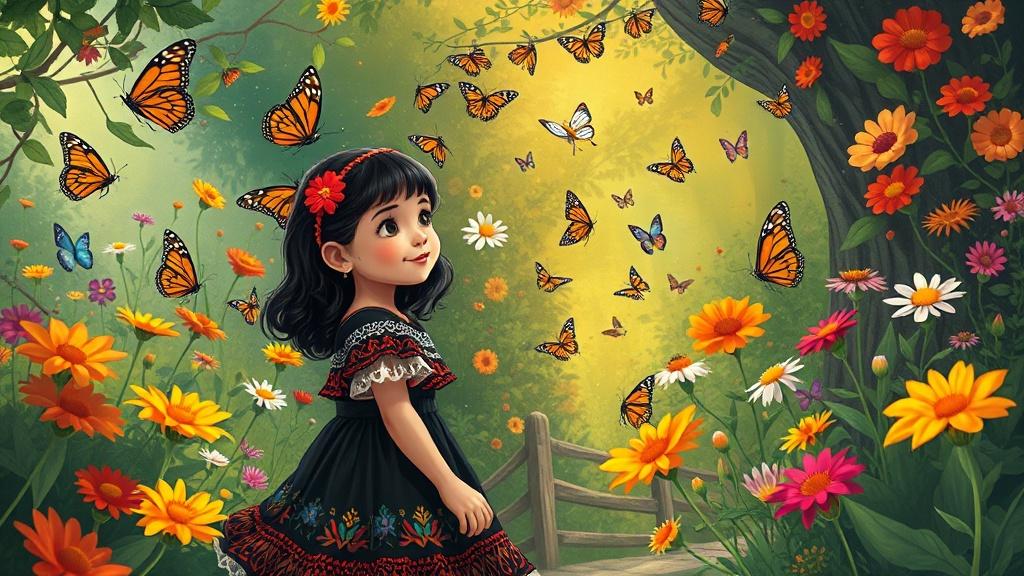 A young girl in a traditional Mexican dress discovering a hidden garden filled with monarch butterflies and magical talking flowers