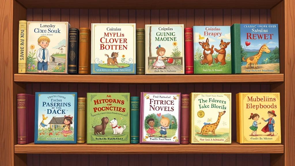 Collection of novels reimagined as picture books on bookshelf