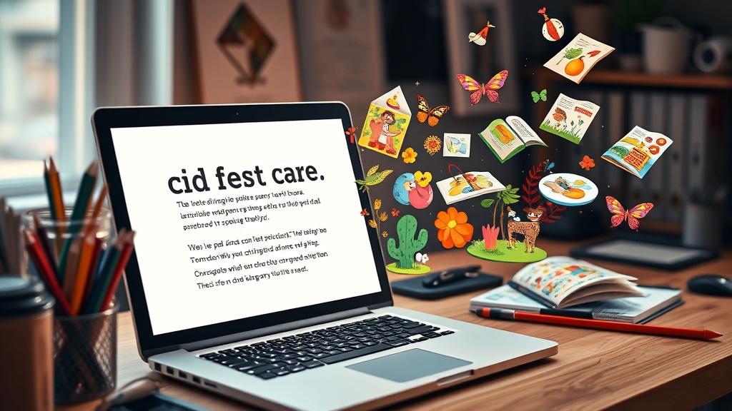 Text being transformed into a colorful illustrated picture book on a creative workspace