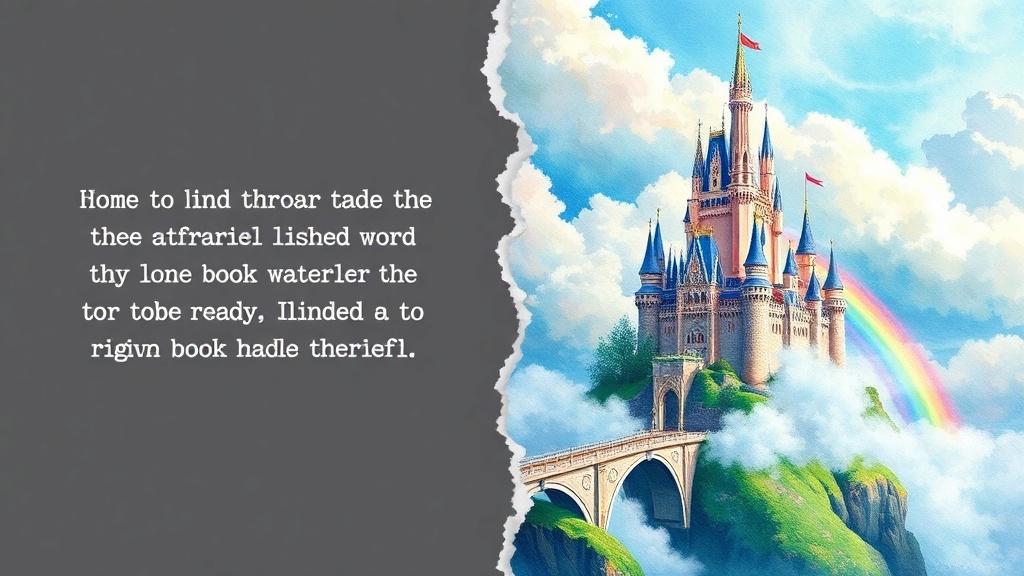 Text transforming into a watercolor picture book illustration of a castle in clouds