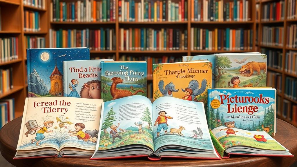 Collection of illustrated picture books created from text stories on a reading table