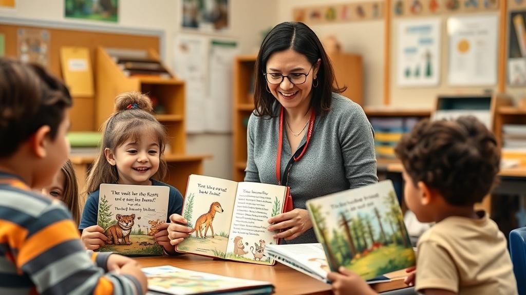 Educator showing illustrated picture books created from text to excited children