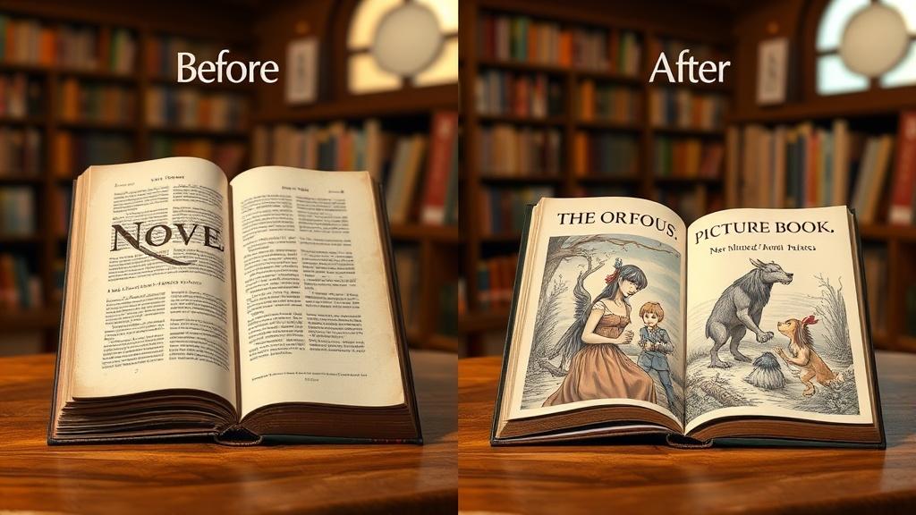 Before and after comparison of a novel transformed into an illustrated picture book