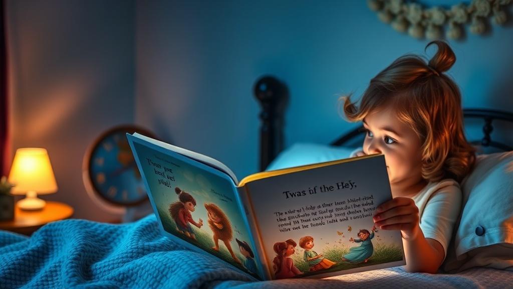 Parent reading a picture book adaptation of a novel to their child at bedtime
