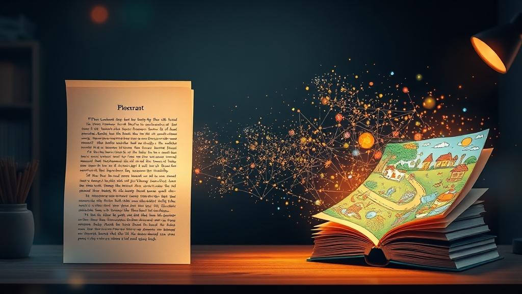 AI workspace transforming a novel manuscript into a colorful illustrated children's book