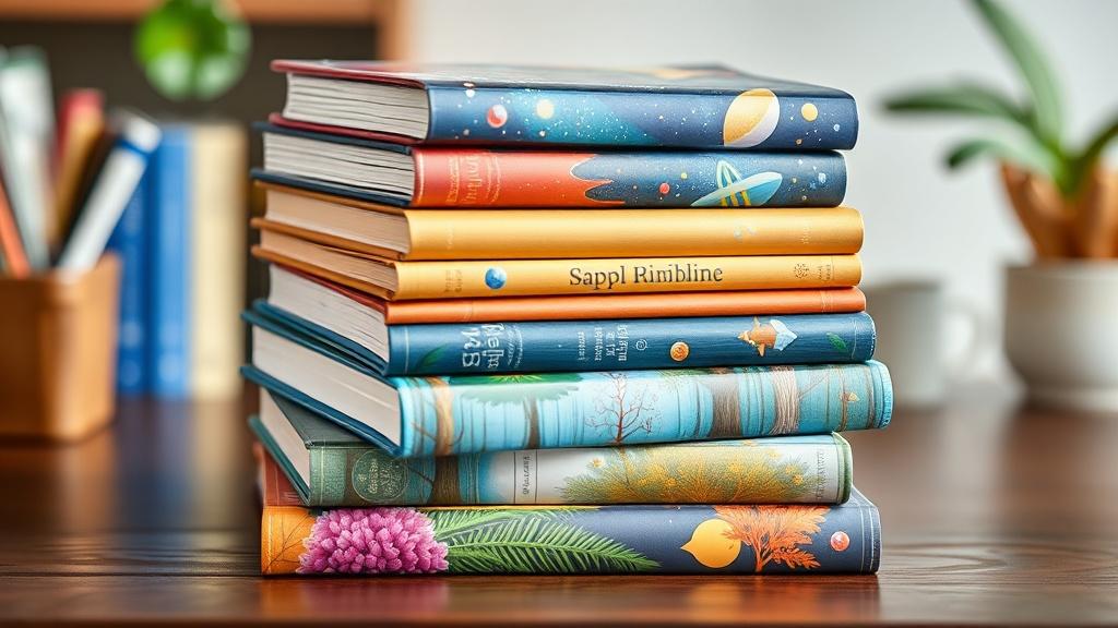 Stack of freshly generated illustrated books with unique colorful covers