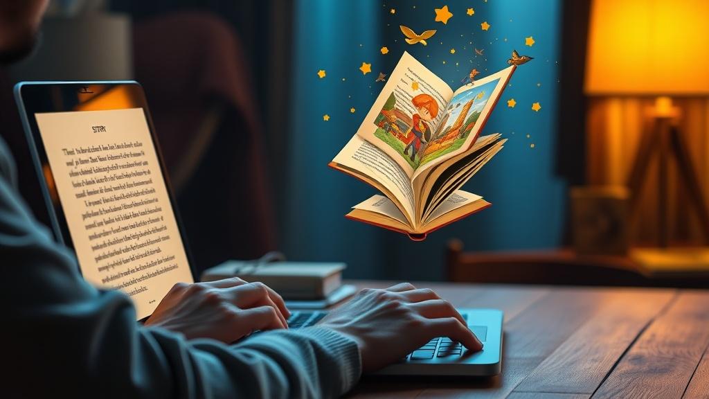 Person typing a story on a laptop while illustrated book pages float upward from the screen