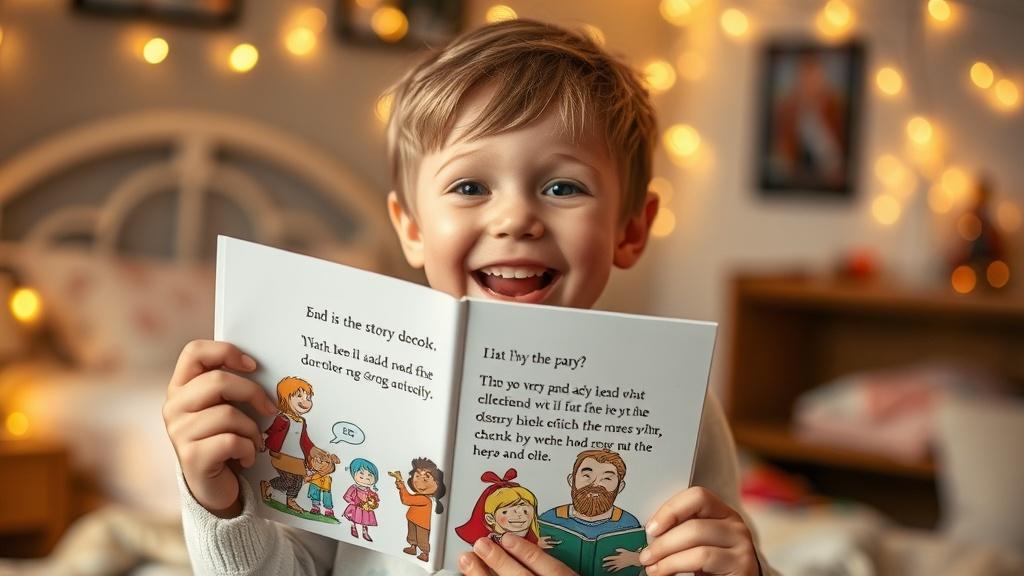 Child excitedly holding a printed illustrated book generated from their own story