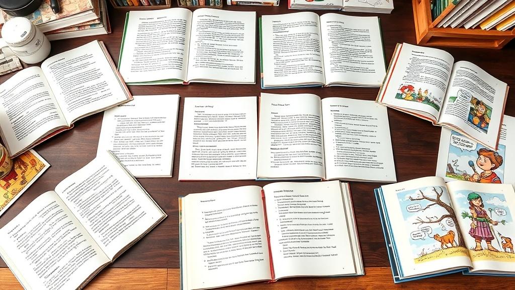 Illustrated book pages showing the progression from plain text to finished spreads