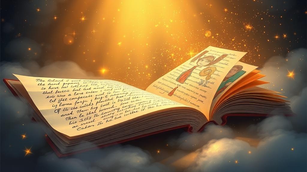 A magical transformation scene showing a long story manuscript being converted into a colorful illustrated picture book with sparkles and golden light