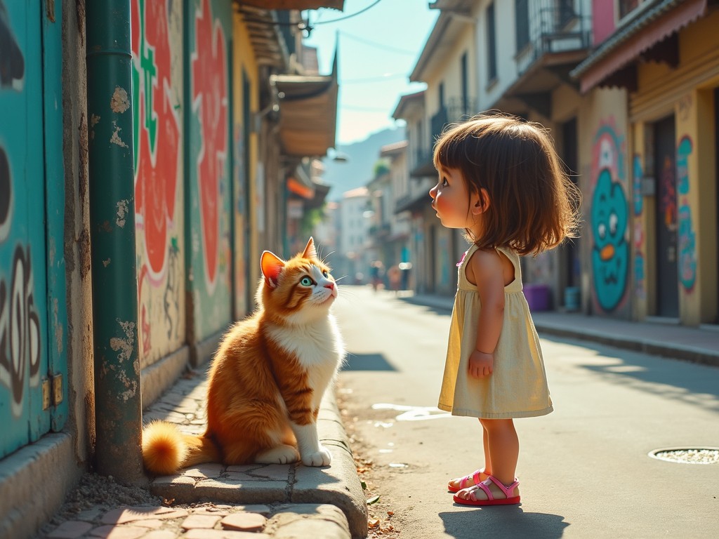 AI-generated story: a girl come to a street and find a cat in a corner.